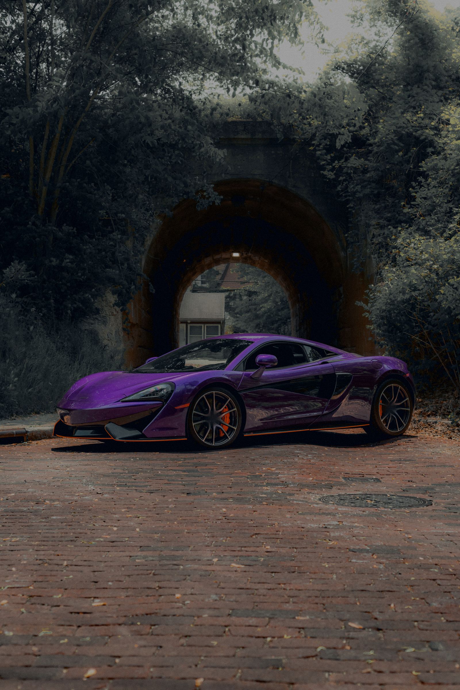 Purple coupe on a brick road in front of a stone tunnel